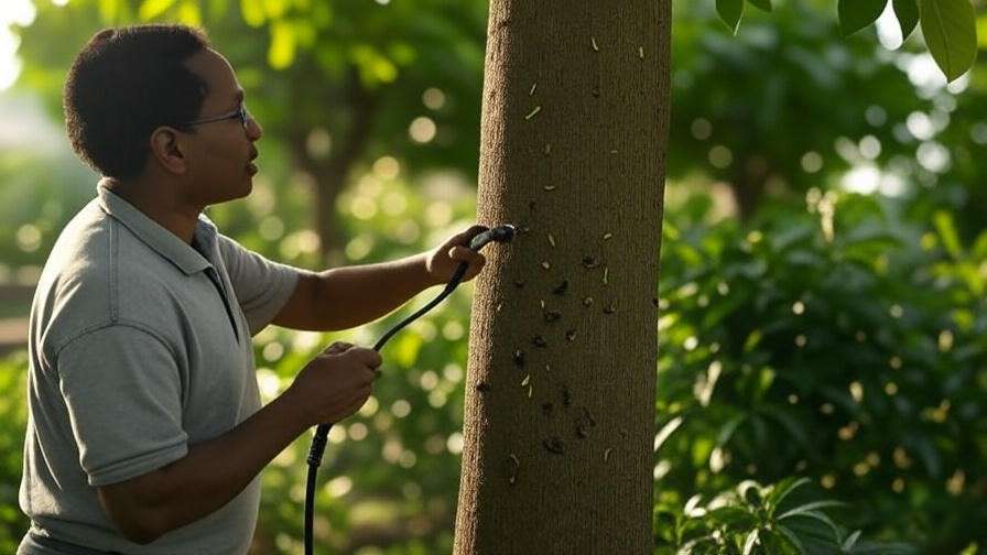 Southern tree with pest damage being treated with neem oil in a shaded garden.