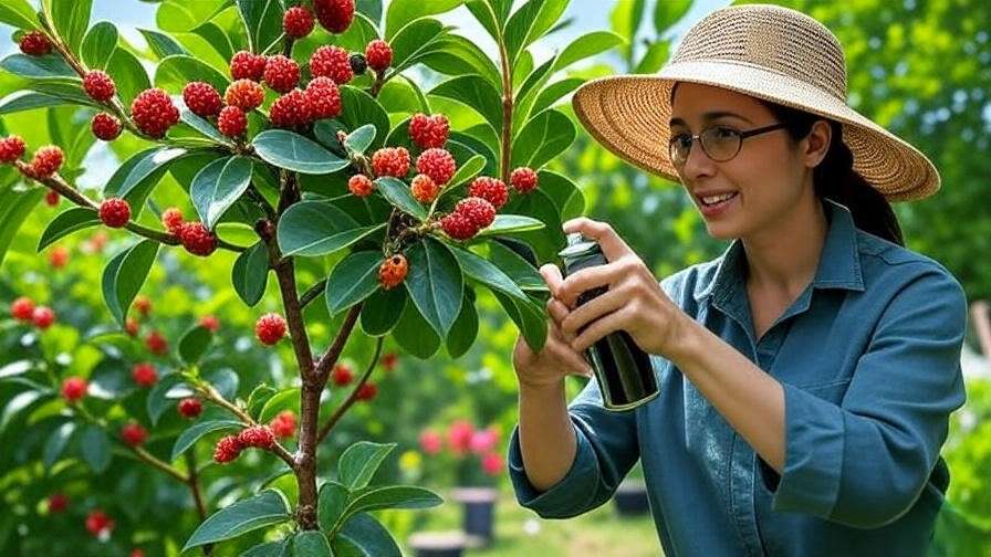 Berries tree protected with bird netting, ladybugs, and neem oil spray in a lush garden."