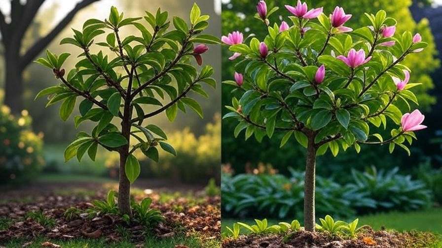 Comparison of galaxy magnolia tree with pest damage and a healthy tree."