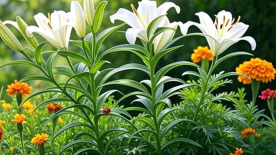 "Lilium tree with ladybug and marigold plants for natural pest control in a healthy garde