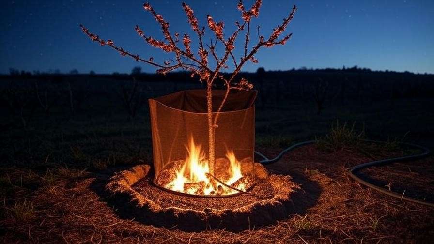 Peach tree protected by heat-resistant screen and burlap during a bonfire with hose and mulch, ensuring safety."