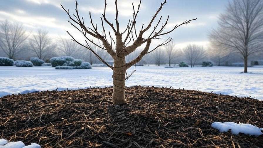 Young weeping mulberry tree wrapped in burlap for winter protection in a snowy garden."