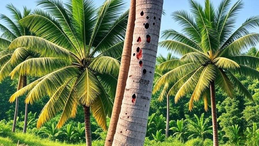 Comparison of a damaged coconut tree and a healthy tree in a tropical plantation."