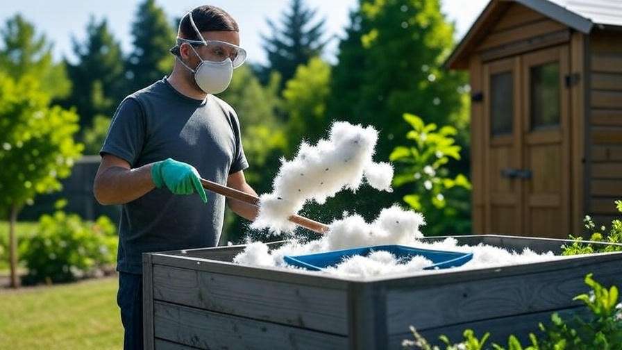 Person in protective gear raking cottonwood seeds into a compost bin."