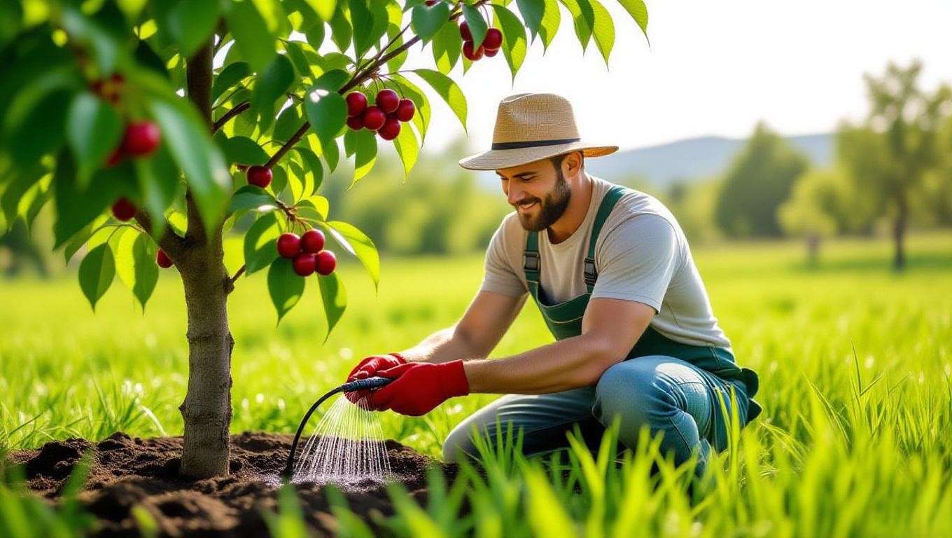 Gardener setting up drip irrigation for cherry tree water stress relief"