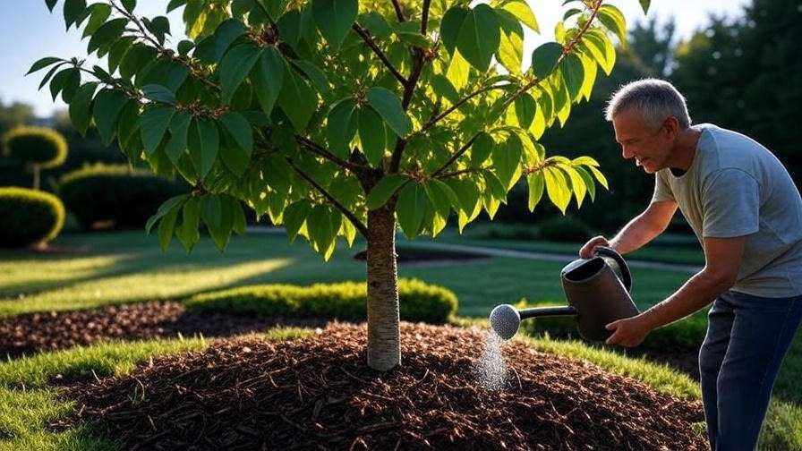 Gardener applying fertilizer and mulch to a healthy cherry tree in a garden.