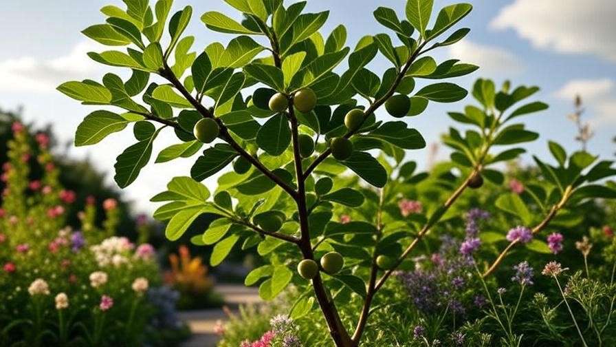 Thriving brown fig tree enjoying full sunlight in a colorful garden".