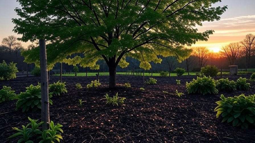 Revived tree in full bloom with mulch and stakes in a sunset garden scene."