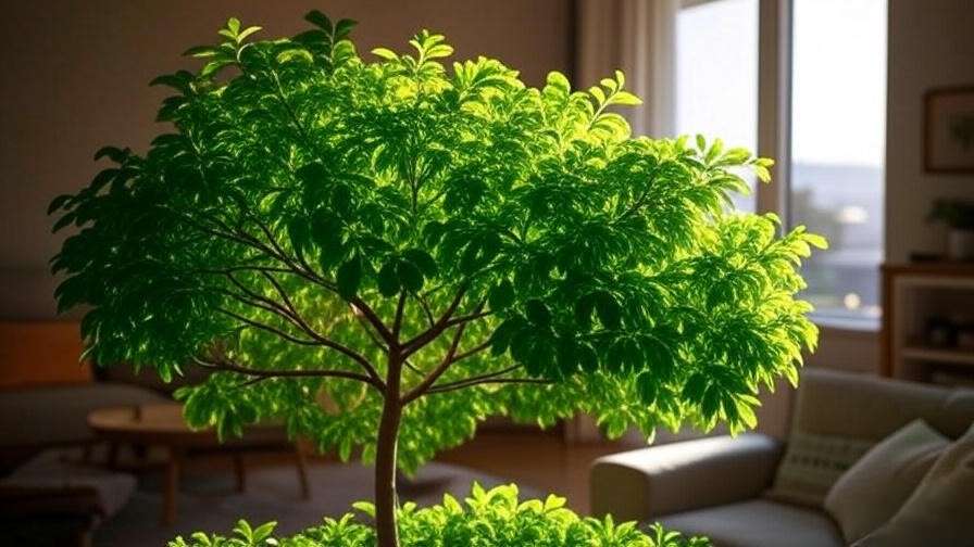 Jewel tree thriving near a window with grow light in a bright indoor settin