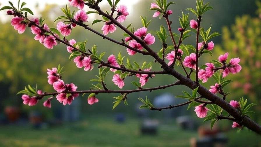 Close-up of a flower peach tree branch with pink blossoms and pruning cuts for healthy growth".
