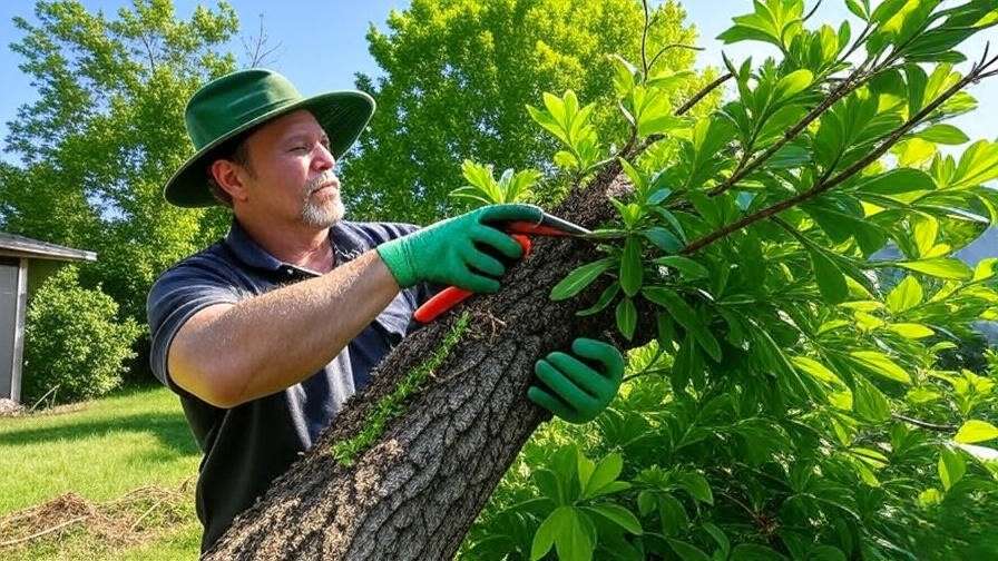 Gardener pruning dead branches from a tree with shears in a healthy garden setting."