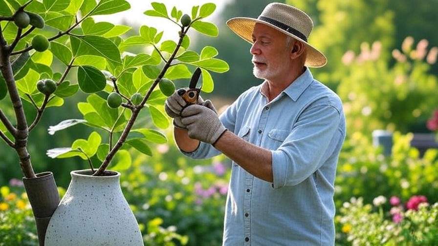Gardener pruning a healthy brown fig tree to promote growth in a bright garden".