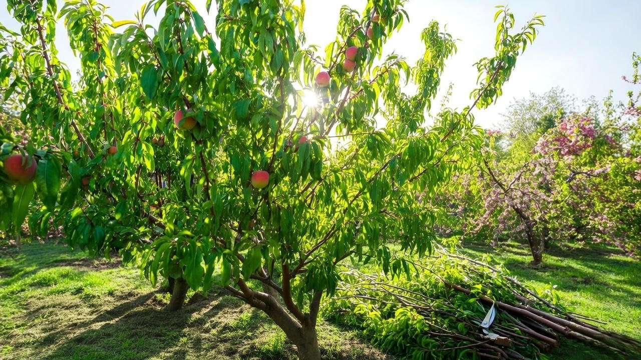 Pruning a peach tree with shears using open-center technique in a sunny garden"