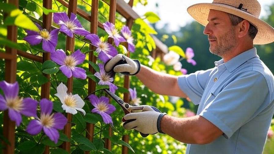 Gardener pruning alpine clematis with vibrant flowers on a trellis