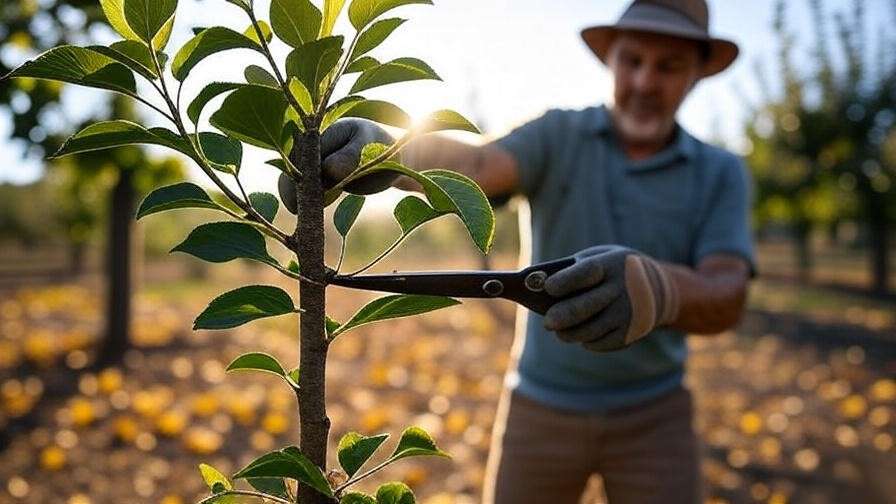 Gardener pruning young apple tree in thriving orchard