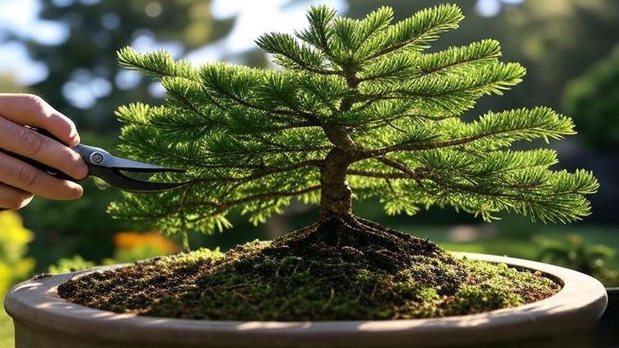 Pruning a spruce bonsai tree with shears, focusing on healthy green needles and trunk."