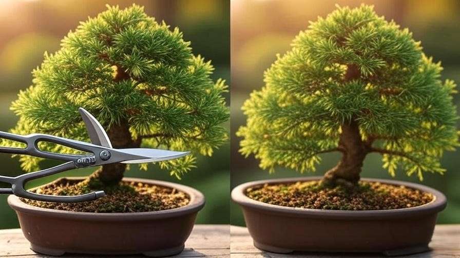 Pruning a bald cypress bonsai with shears showing before and after".