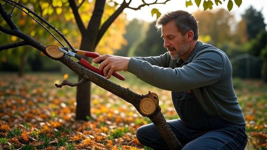 "Gardener pruning tree branch with clean cut in autumn setting