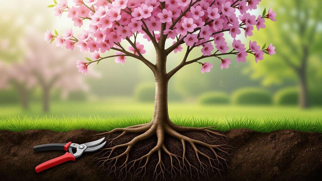 Cherry tree with pruned branches and healthy roots."