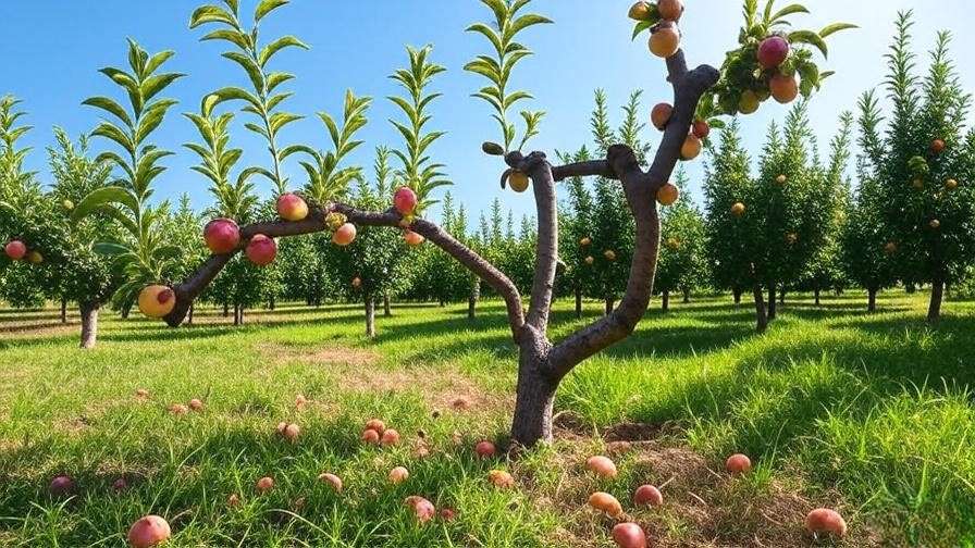 Diverse pruned fruit trees—apple, peach, citrus—in sunny orchard with clear sky."