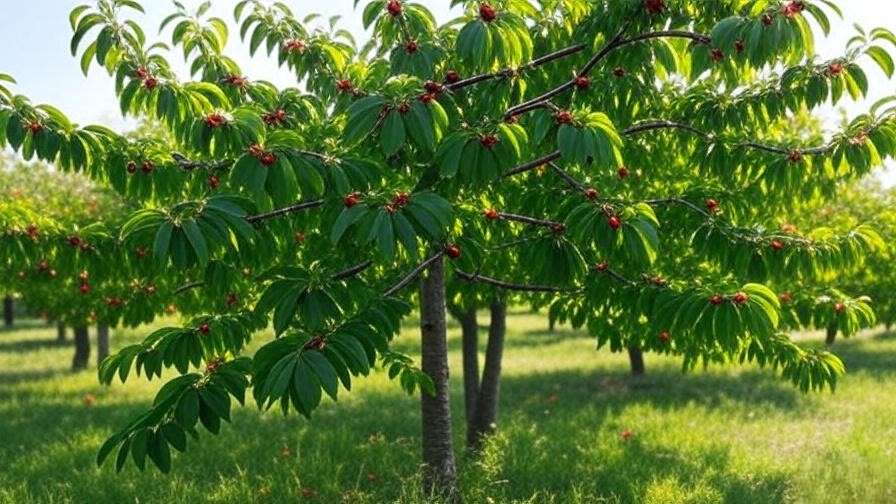 Mature cherry tree with thinned canopy and ripe fruiting spurs