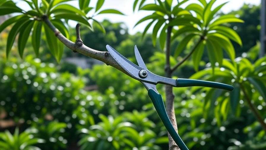 Close-up of mango tree branch being pruned with shears for healthy growth."