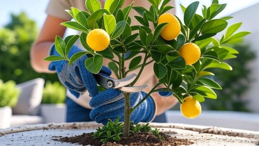 Pruning a potted fruit tree with shears, showing a shaped dwarf citrus tree."