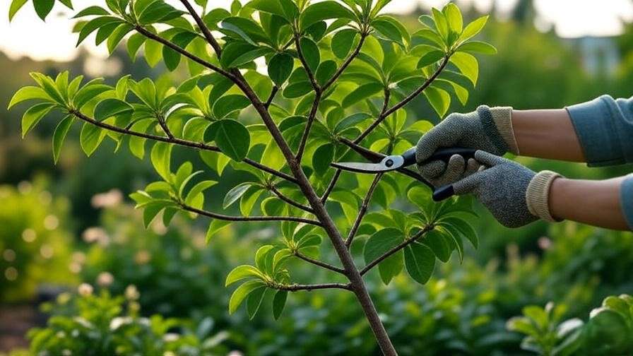 Close-up of pruning a McKinley tree branch with shears and healthy leaves in a garden."