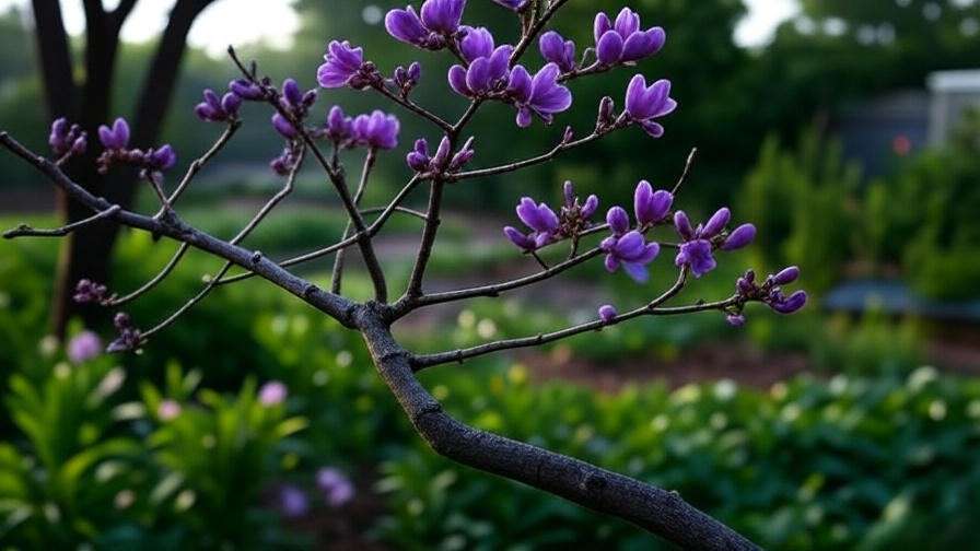 Ipe tree branch with purple blooms being pruned with clean shears in a garden".
