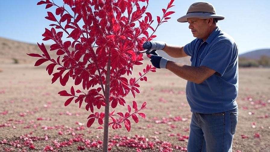 Expert pruning Red Push Pistache tree with tools in a sunny desert yard, red leaves on ground."