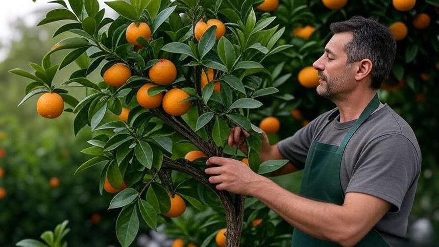 Gardener pruning a Hamlin orange tree with ripe oranges in a tidy garden".