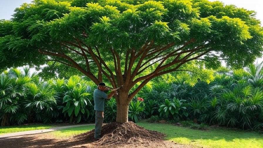 Gardener pruning a mature guanacaste tree with a wide canopy and mulched base."