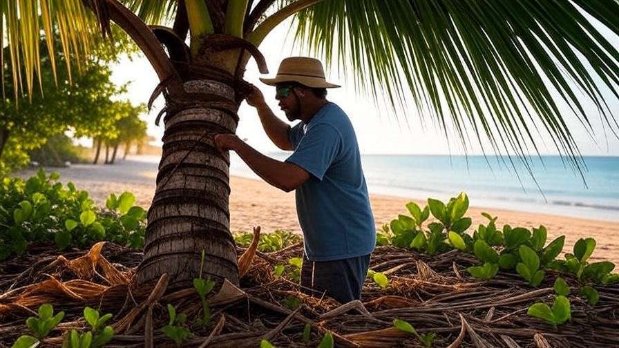 Gardener pruning a coconut tree to protect the heart on a tropical beach."