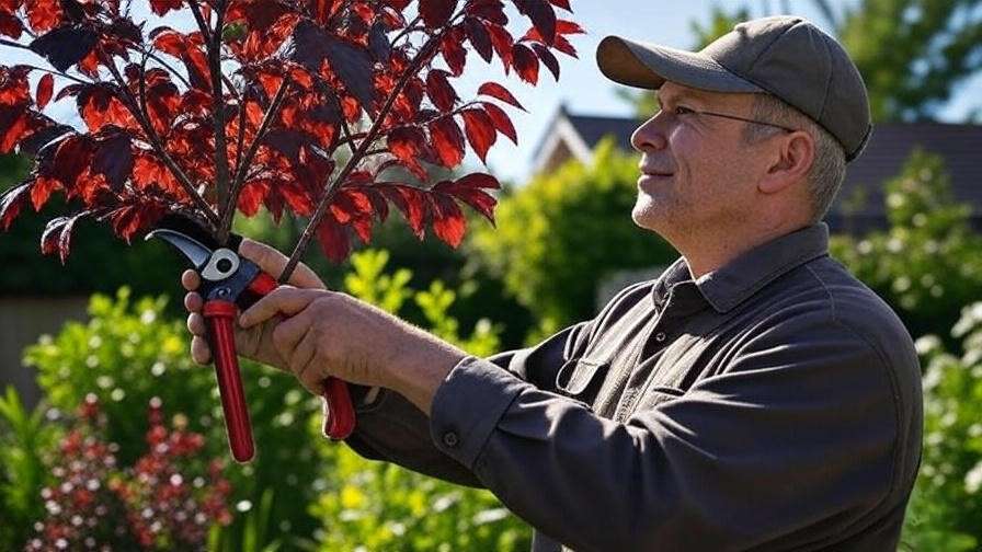 Gardener pruning red-leafed tree with proper technique