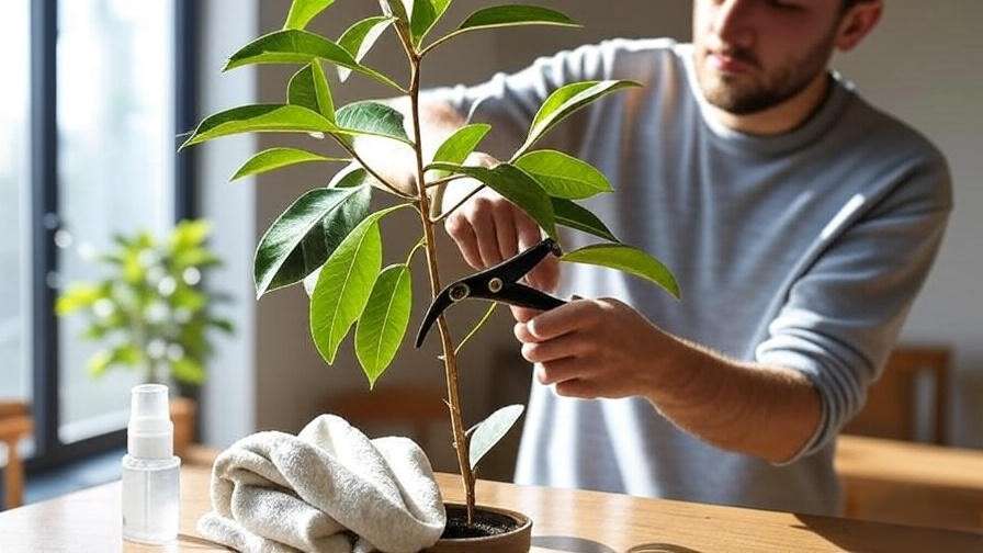 Person pruning drooping Money Tree leaf with sterilized scissors and cloth."