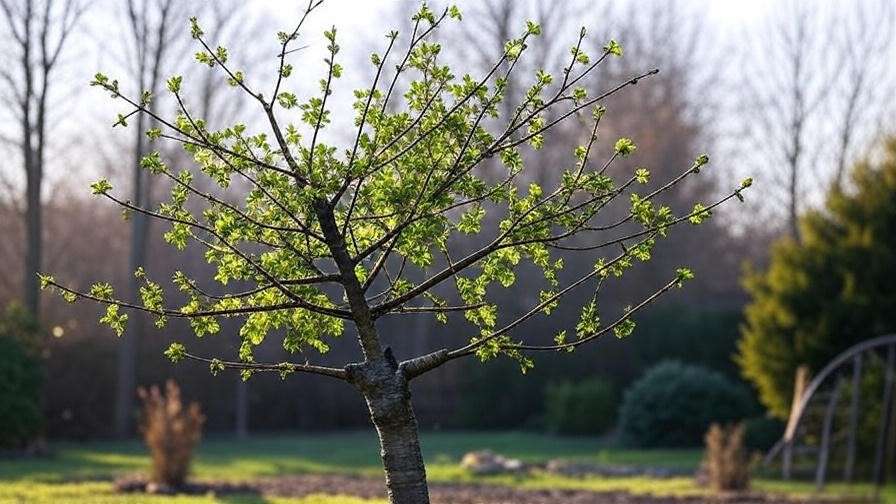 Cherry tree pruning with shears showing healthy canopy in winter garden".