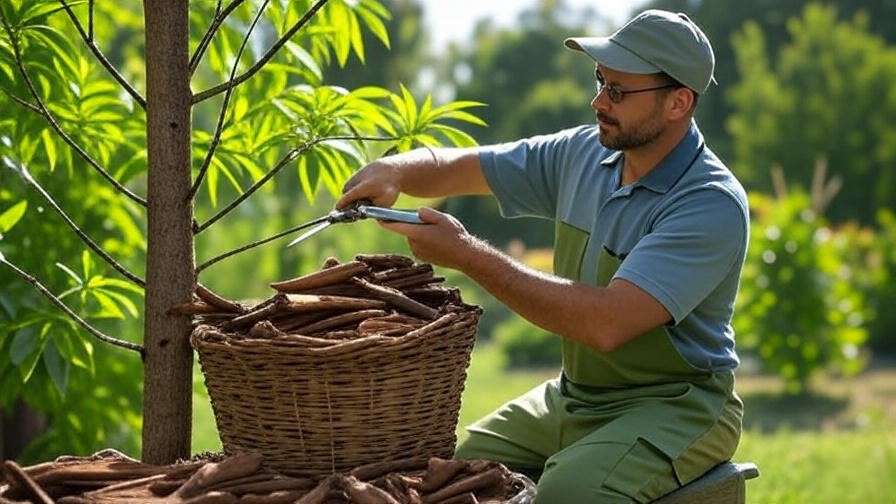 Gardener pruning a cinnamon tree with a basket of cinnamon bark".