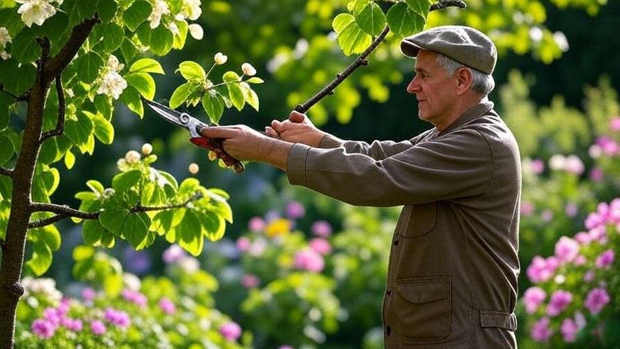 Gardener pruning a linden tree with blooming flowers in a sunny garden."