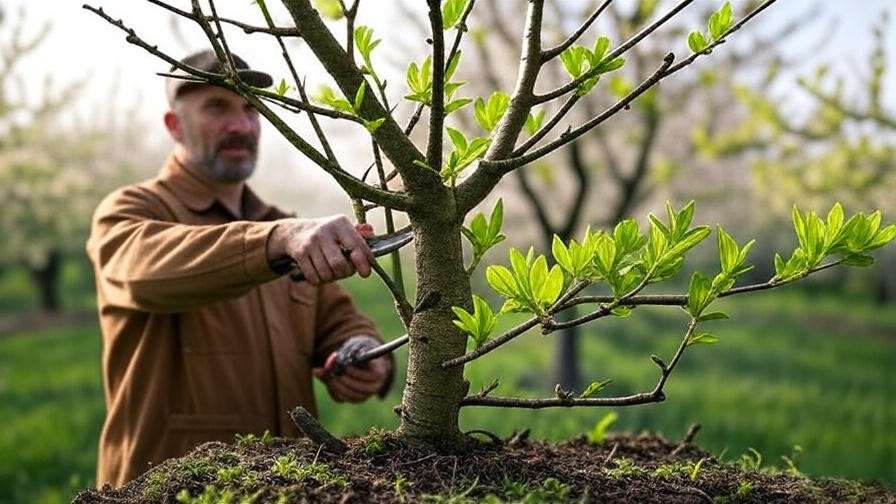 Gardener pruning a thriving bare root fruit tree in a spring orchard.