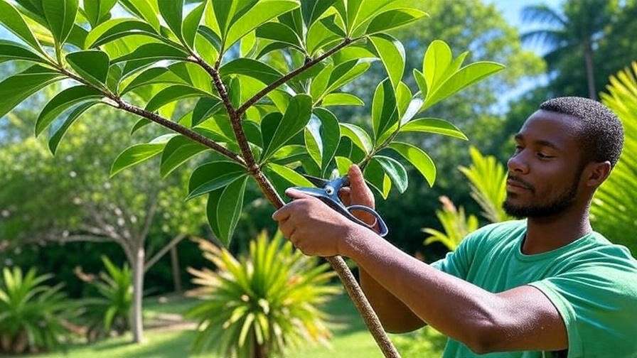 Gardener pruning a healthy Jamaican cherry tree branch with glossy green leaves in a tropical garden.