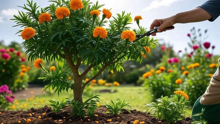 Gardener pruning marigold tree to remove spent blooms"