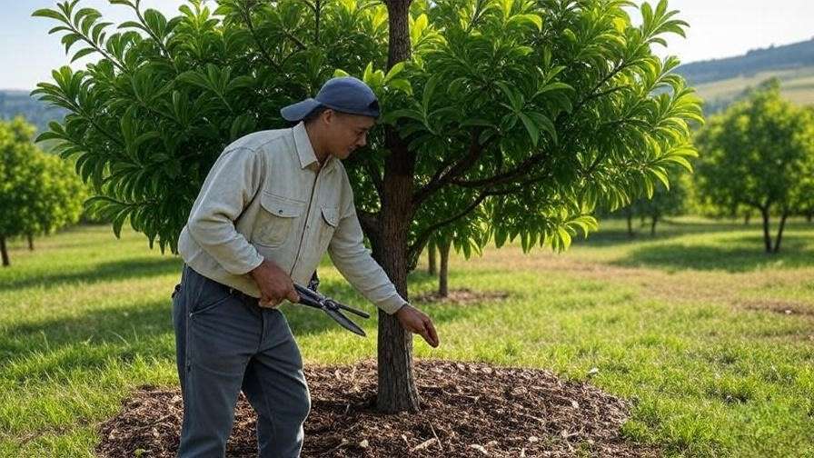 erson pruning a mature truffle tree with mulch ring in orchard."