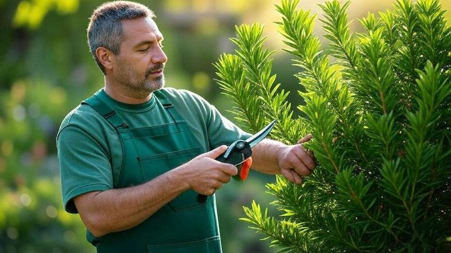 Gardener pruning healthy terp tree weed with shears in a garden.