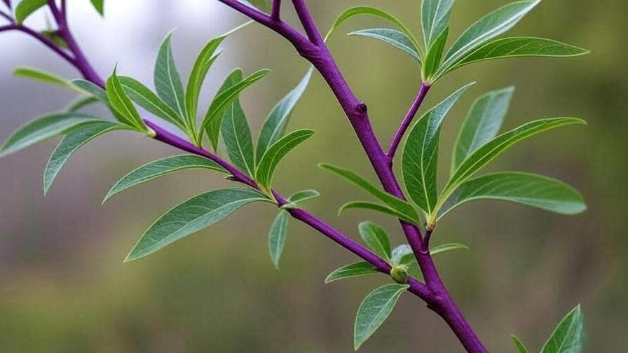 Close-up of a purple willow branch with healthy leaves and pruned stems."