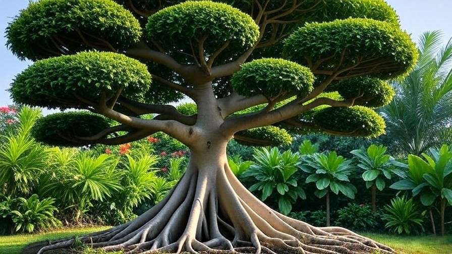 "Balete tree with pruned aerial roots and trimmed branches in a lush tropical garden."