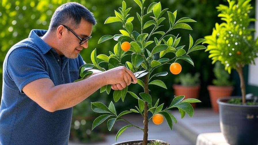 Gardener pruning a miniature orange tree with sanitized shears on a sunny patio."