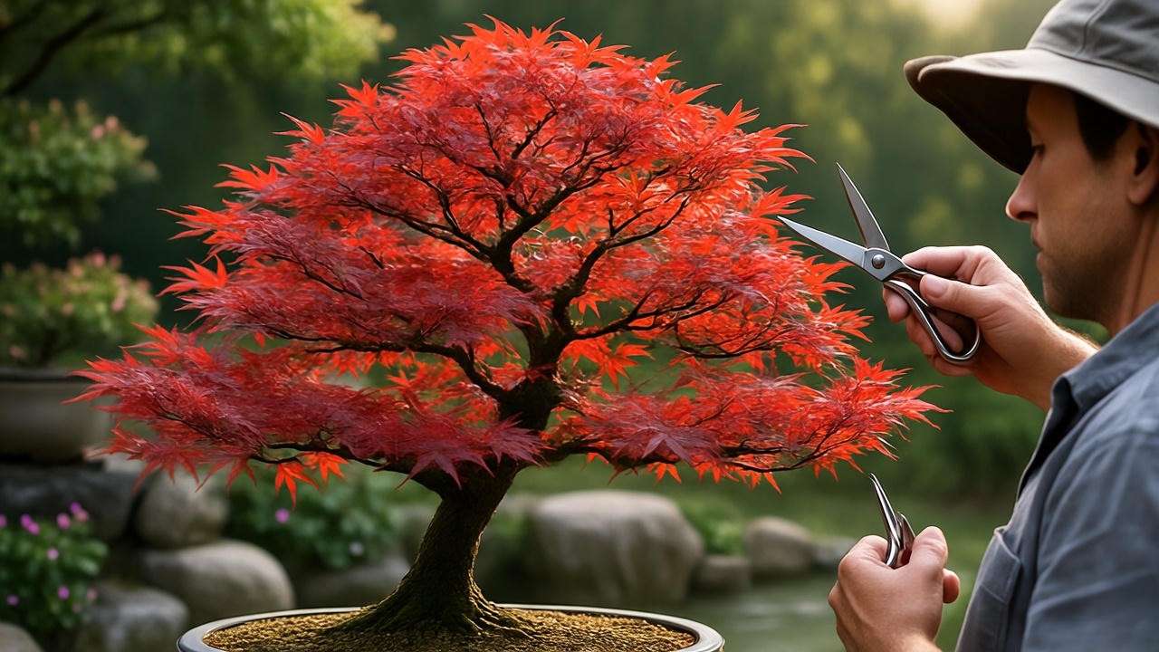 Miniature red maple bonsai tree pruning with shears."