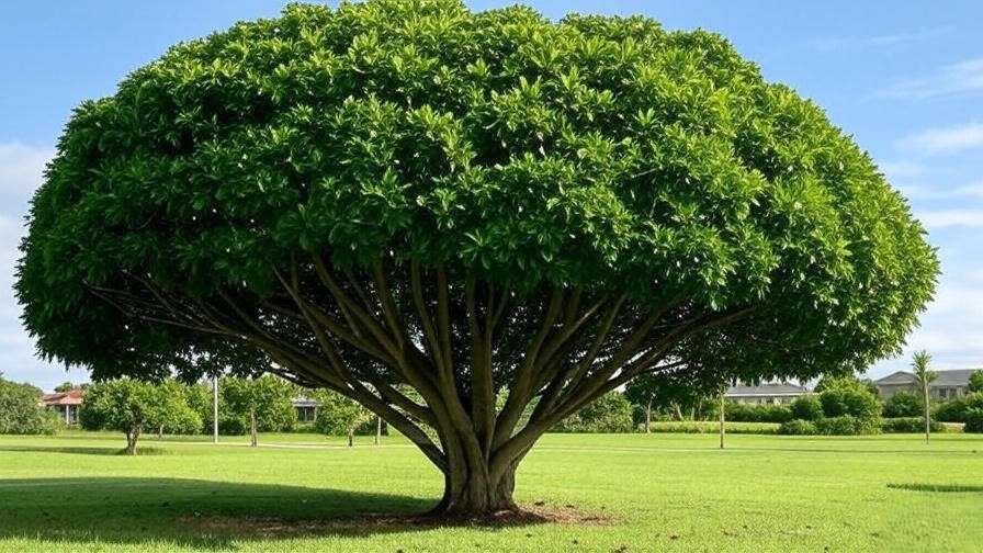 Mature parota tree with pruned canopy in a suburban tropical landscape".