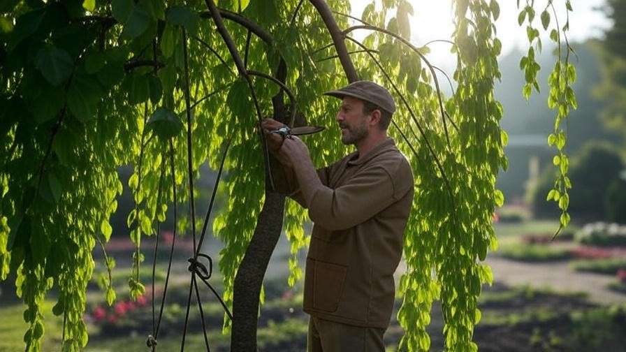 "Gardener pruning a weeping mulberry tree to maintain its cascading shape in a sunny garden."