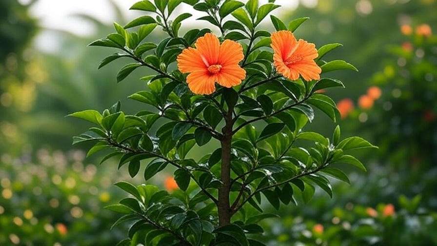 Close-up of a single hibiscus tree with vibrant orange blooms and glossy green leaves after pruning.